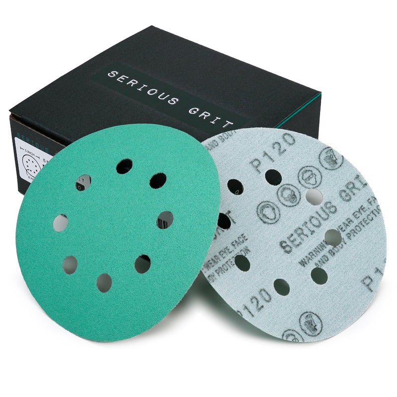Serious Grit Sanding Discs 5 Inch 8 Hole 120 Grit - Heavy-Duty Hook & Loop Wet Dry Film Sandpaper Discs - Fine Grit Sand Paper for Random Orbital Sanders - Wood, Automotive, Metal, etc - 50 Pack Box - Image 1